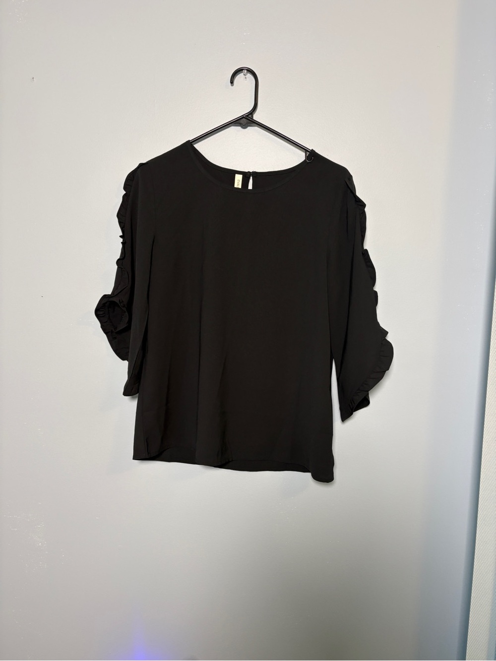 Black Ruffle-Trim Blouse with Puff Sleeves